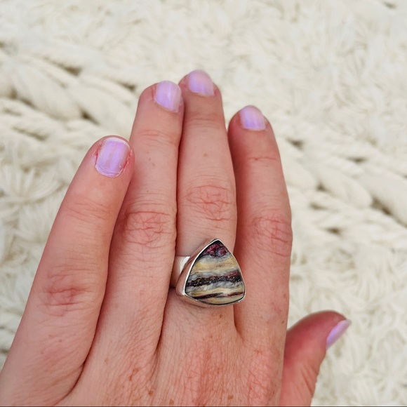 🌈 Triangular Alaskan RAINBOW JASPER Ring, Set in Sterling Silver - Picture 11 of 16